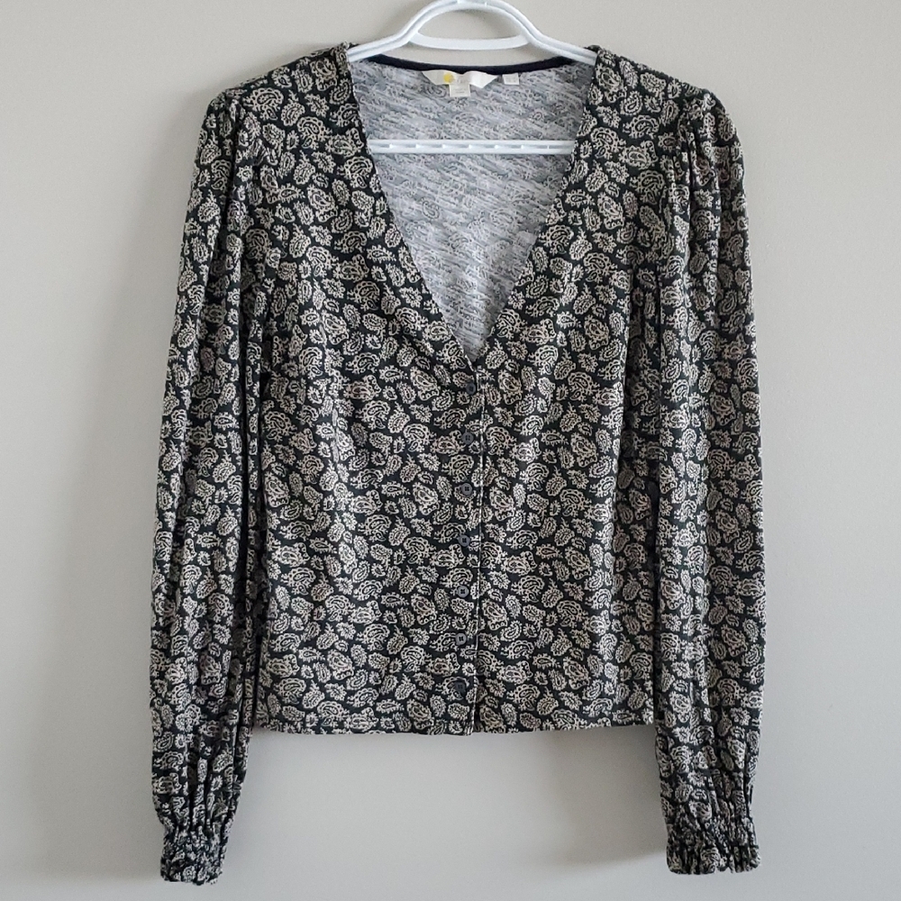 Boden Dark Green White Floral Printed Cotton Blouse Puffy Sleeves V Neck Sz 8